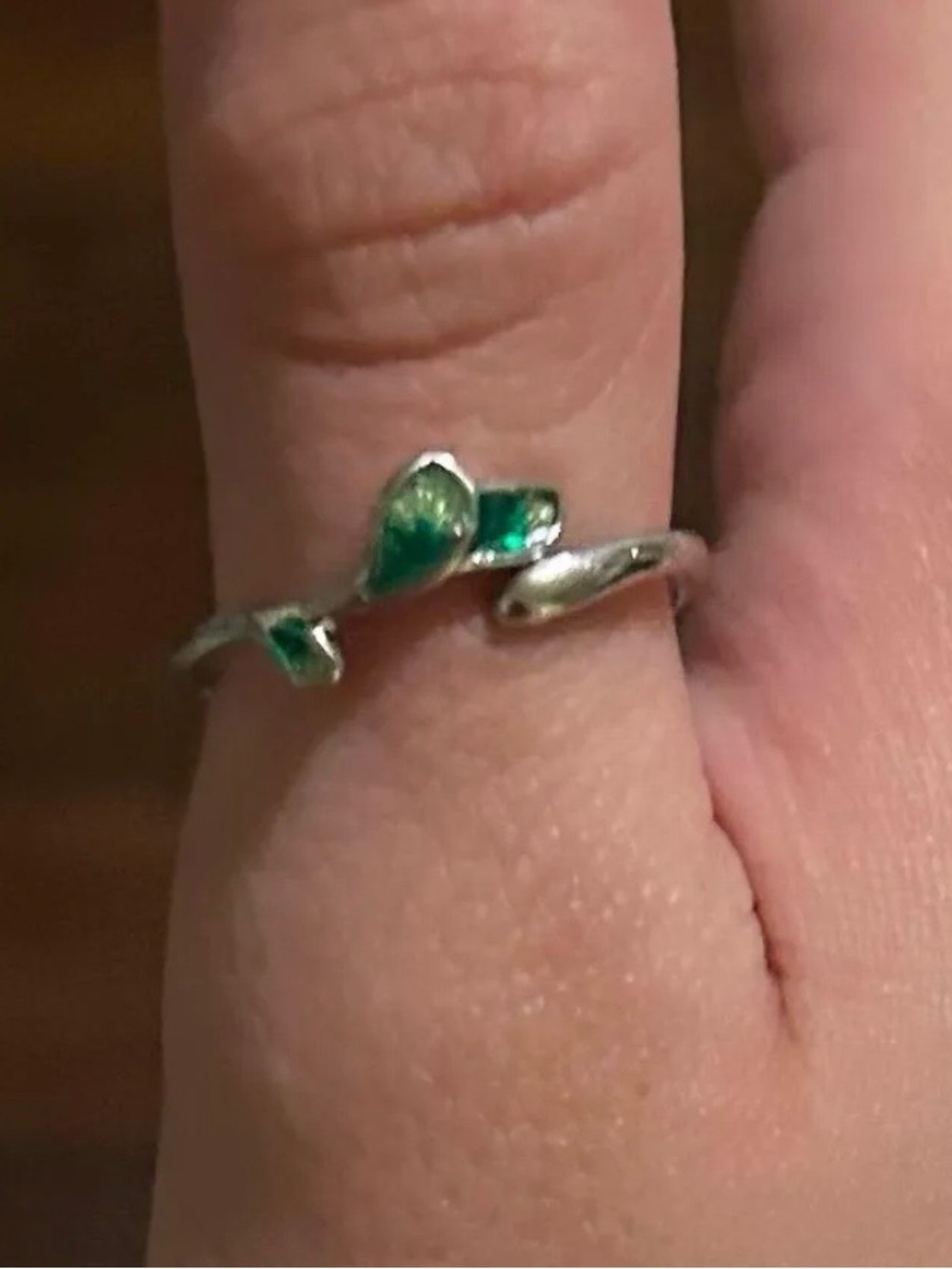 Sterling Silver Leaf Ring with Green Enamel Adjustable